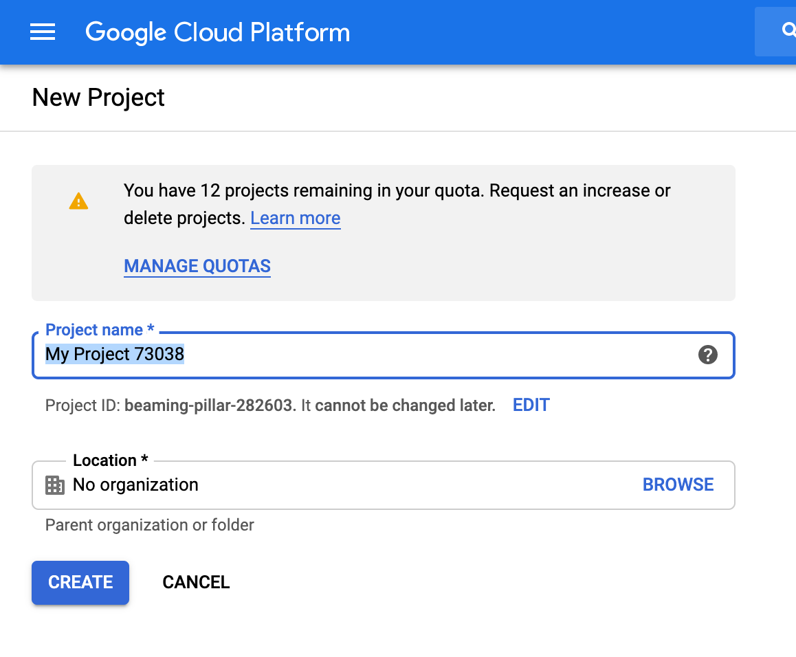 GCP Create New Project