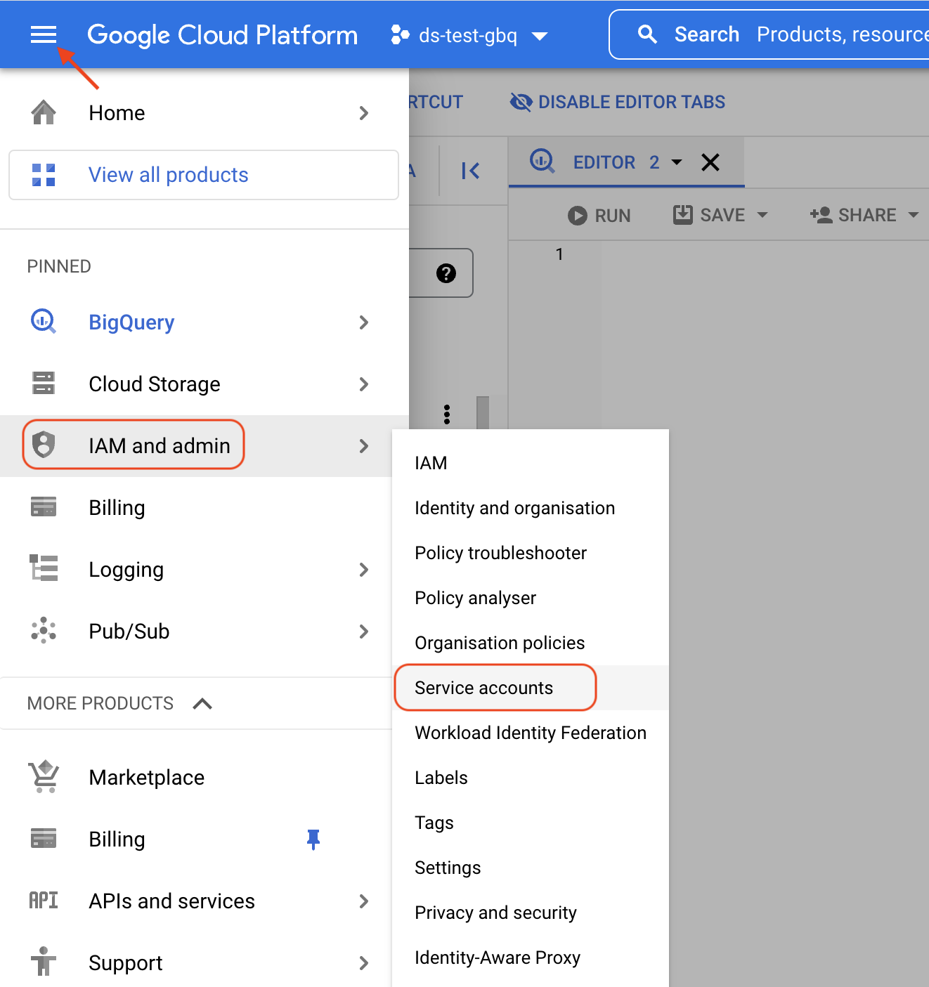 Navigate to IAM and admin, Service accounts