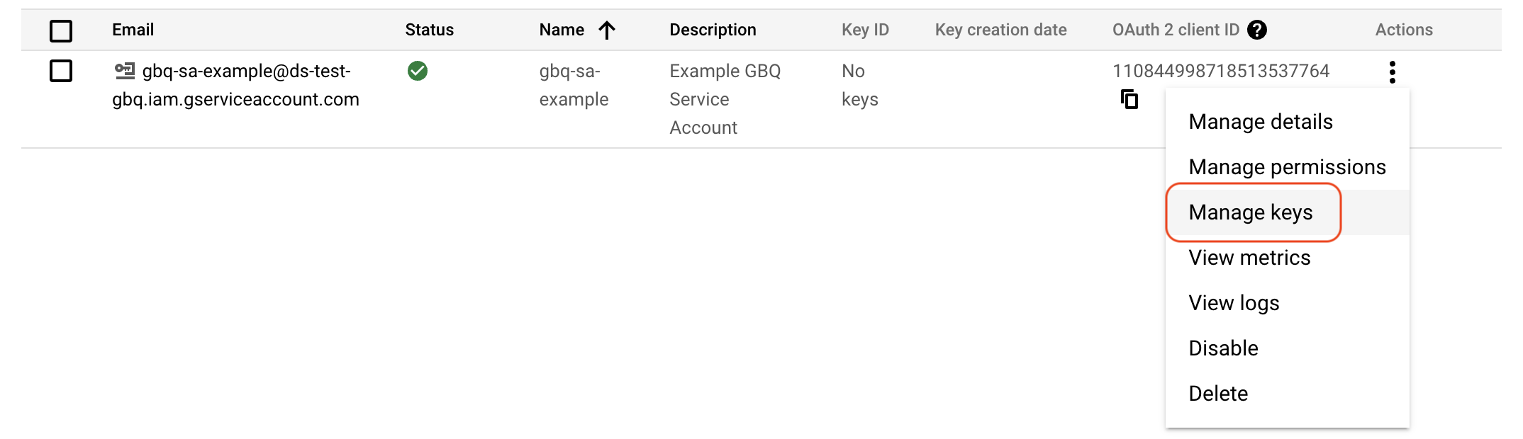 Modify keys for service account